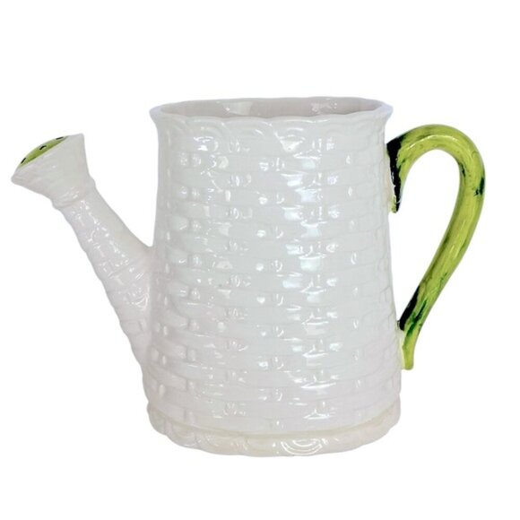 Vintage Basket Weave Ceramic Watering Can Planter Numbered Multi Use White Green - Picture 3 of 16